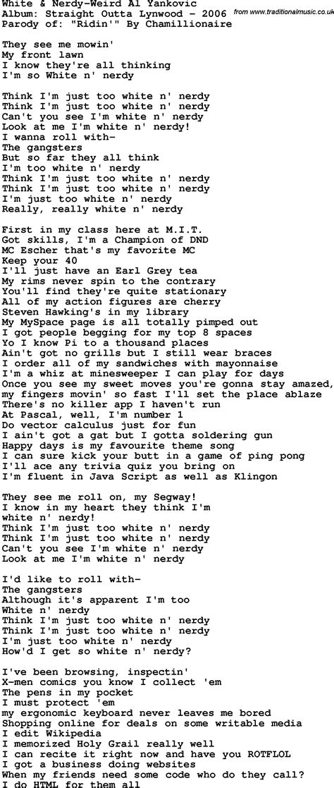 Novelty Song White Nerdy Weird Al Yankovic Lyrics