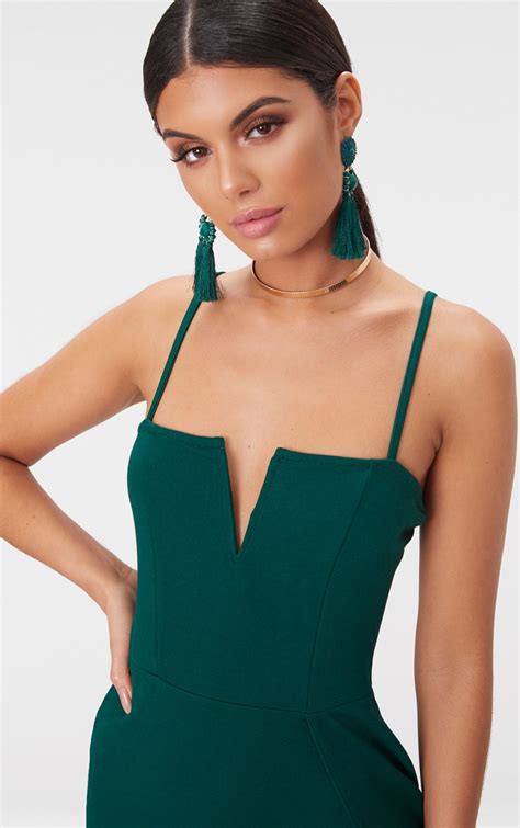 Emerald Green Extreme Thigh Split Panelled Plunge Bodycon Dress Prettylittlething Usa