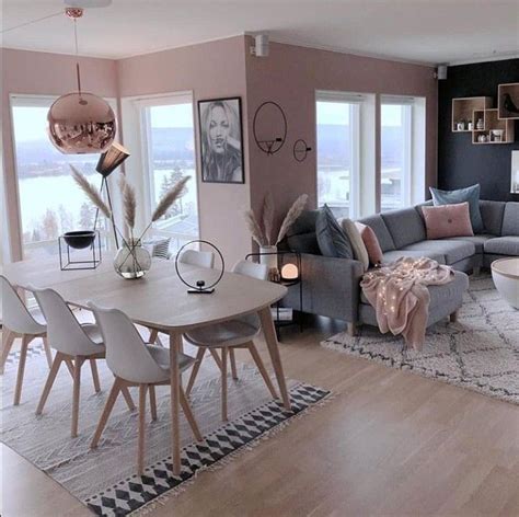 Here's how to make your living room a space you'll actually want to live in. Living dining room rose gold grey | Dining room interiors ...