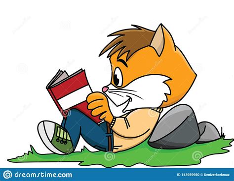 Cartoon Cat Reading A Book Lying On Grass Vector Stock Vector