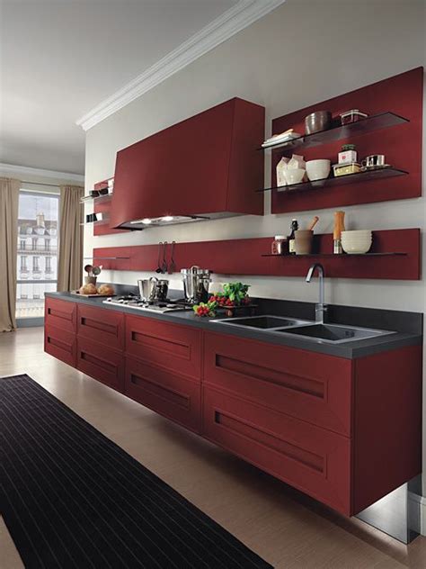 Discover ideas for painting kitchen cabinets with these helpful hints and tips. Cabinets off the floor. | Stylish kitchen, Red kitchen cabinets, Kitchen design