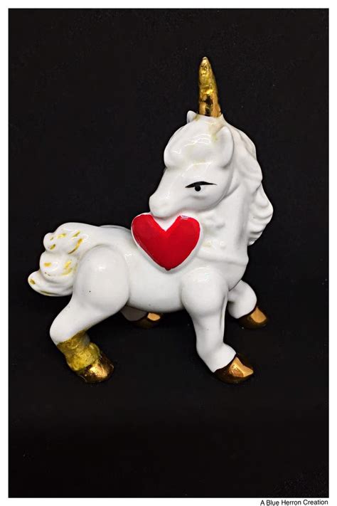 Vintage Porcelain Unicorn With Red Heart Figurine Unicorn Heart Figure Unicorn Love Holding