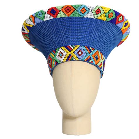 Zulu Wide Basket Hat Blue With Beaded Band Handmade In South Afric — Luangisa African Gallery
