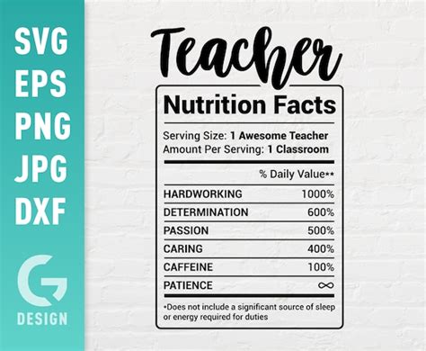 teacher nutrition facts svg file png dxf easy to cut etsy