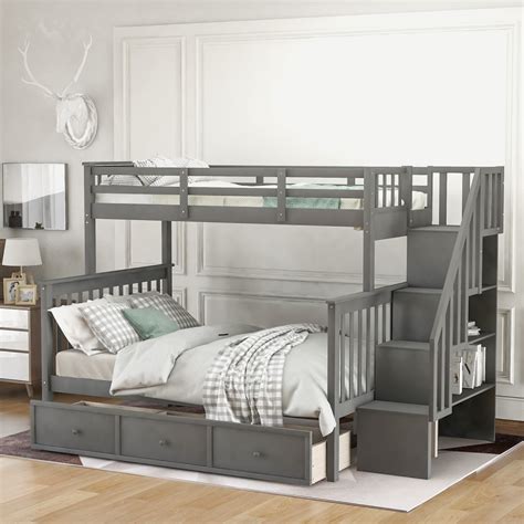 Stairway Twin Over Full Bunk Bed With Drawer Storage And Guard Rail