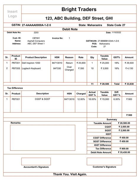 Ready To Use Gst Debit Note Format For Under Billing Msofficegeek