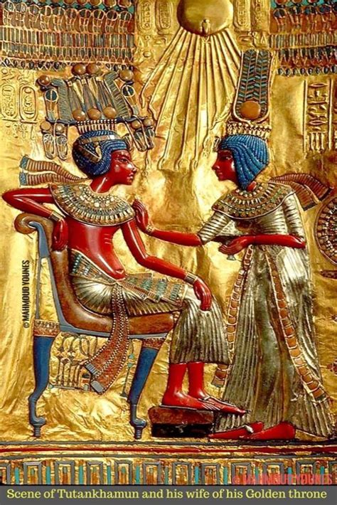 An Egyptian Painting With Two Women Sitting In Front Of A Gold