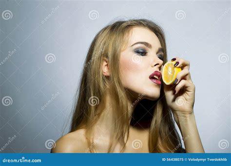 Tempting Young Blonde Woman Portrait With Orange Stock Image Image Of