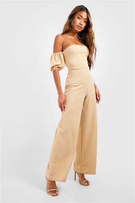 Puff Sleeve Off The Shoulder Jumpsuit Boohoo Uk