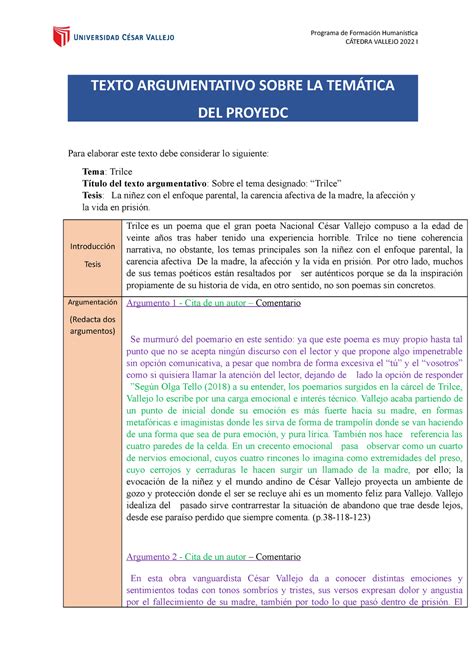 Práctica De Texto Argumentativo 2 CÁtedra Vallejo 2022 I Texto Argumentativo Sobre La TemÁtica