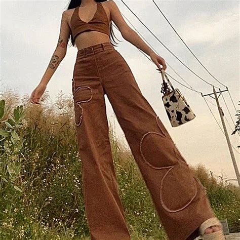 Embroidered Jeans Baggy Brown Y K Pants Jeans With Patches Etsy In