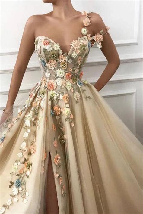 A Line One Shoulder V Neck 3d Flowers Prom Dress Tulle Evening Dress Promdress Me Uk