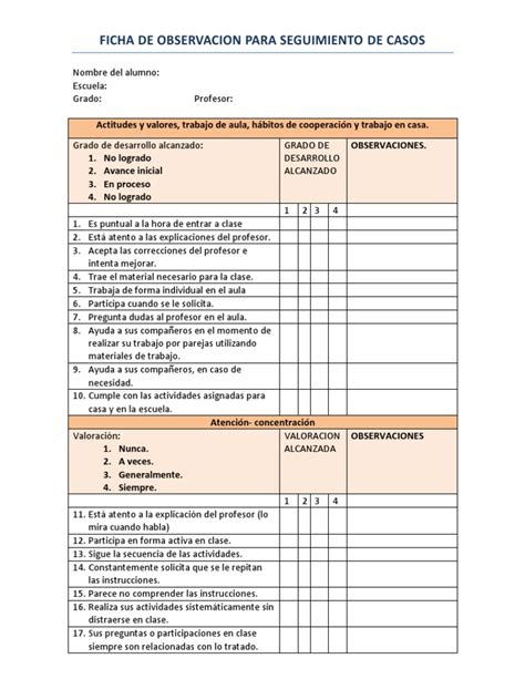 Ficha De Observacion De Seguimiento De Casos Psicologia Salón De