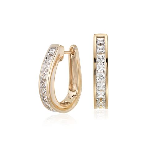 Princess Cut Hoop Diamond Earrings In 14k Yellow Gold 15 Ct Tw