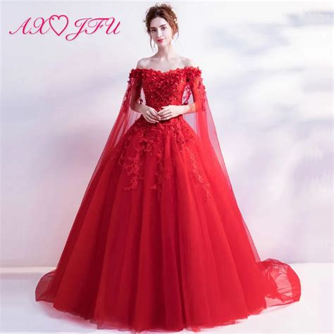 Axjfu Princess Red Lace Flower Evening Dress Luxury Boat Neck Beading Rose Flower Illusion With