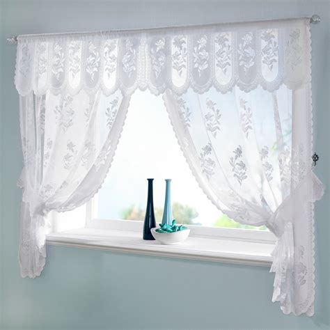 Jacquard Lace Net Curtain Window Set Floral Ready Made With Pelmet