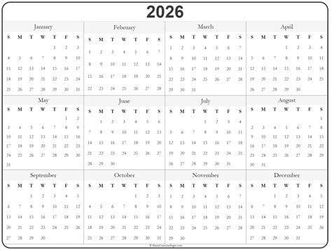2026 Year Calendar Yearly Printable