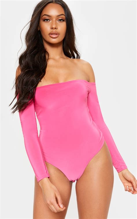 Hot Pink Slinky Bardot Bodysuit Tops Prettylittlething Ie