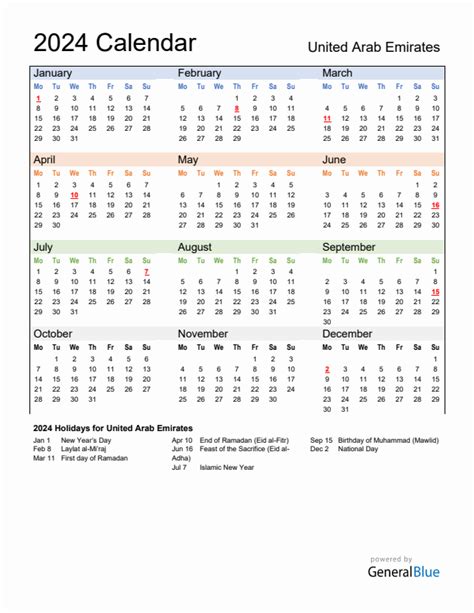 Annual Calendar 2024 With United Arab Emirates Holidays