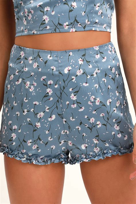 Cute Dusty Blue Floral Print Shorts Ruffled Shorts Shorts Lulus