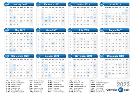 2023 Printable Yearly Calendar With Holidays