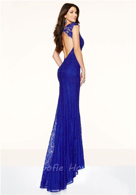 Sexy Mermaid Cut Out Backless Cap Sleeve Royal Blue Lace Prom Dress