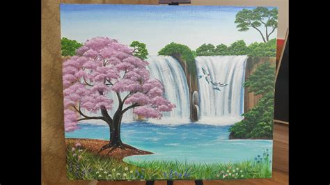 A Cherry Blossom Tree In The Waterfalls Acrylic Painting Time Lapse