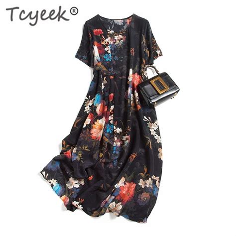 Tcyeek Real Silk Summer Dress Women Clothes 2022 Vintage Black Floral Elegant Ladies Dresses