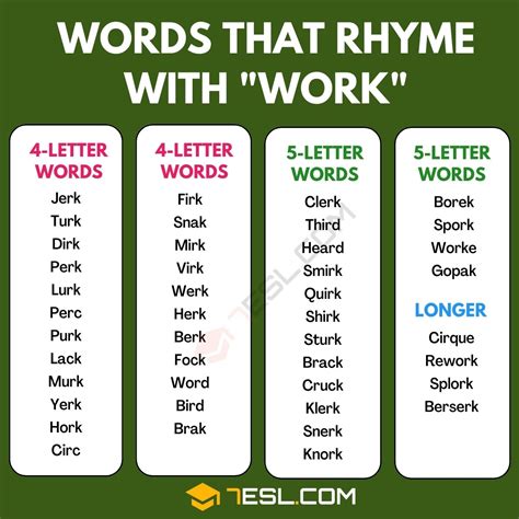 135 Cool Examples Of Words That Rhyme With Work 7esl