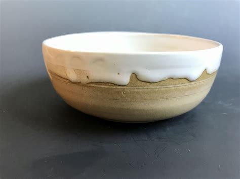 Wheel Thrown Pottery Bowl 16 Oz Glossy White And Tan Glaze Handmade