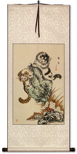 Two Dragons Pearl Fireball Revelry Chinese Wall Scroll Tigers