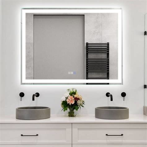Wellfor Led Bathroom Mirror 48 In W X 36 In H Led Lighted Silver Rectangular Fog Free Frameless