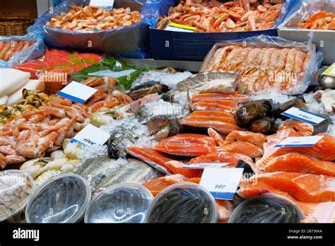 Assortment Of Fresh Seafood Salmon Trout Sturgeon Shrimp Mussels