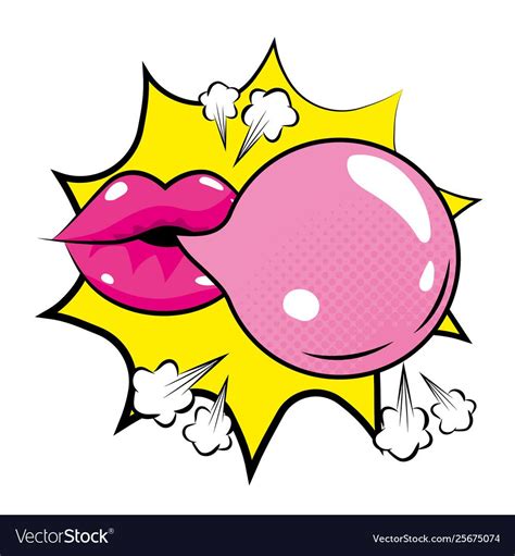 Pop Art Mouth With Bubble Gum Cartoon On Explosive Background Vector