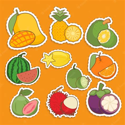 Premium Vector Fresh Tropical Fruit Slices Cute Sticker Set Illustration