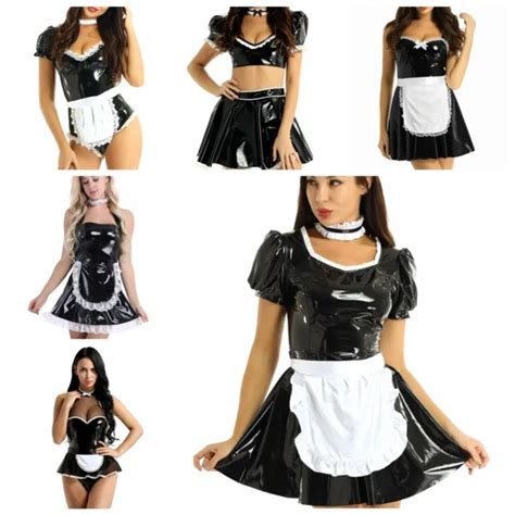 Womens Sexy Wet Look Leather French Maid Cosplay Costume Outfit Fancy