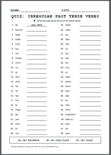 Irregular Past Tense Verbs Worksheets Middle School