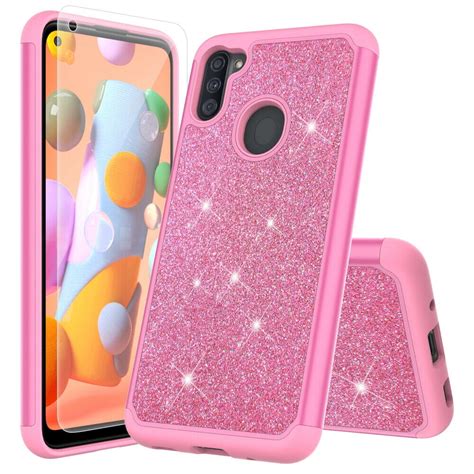 For Samsung Galaxy A11 With Tempered Glass Phone Case Glitter Shock