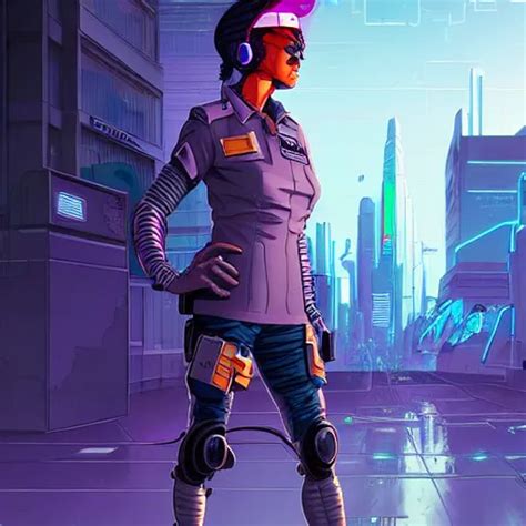 A Cyberpunk Policewoman Cyborg On The Street Of A Stable Diffusion