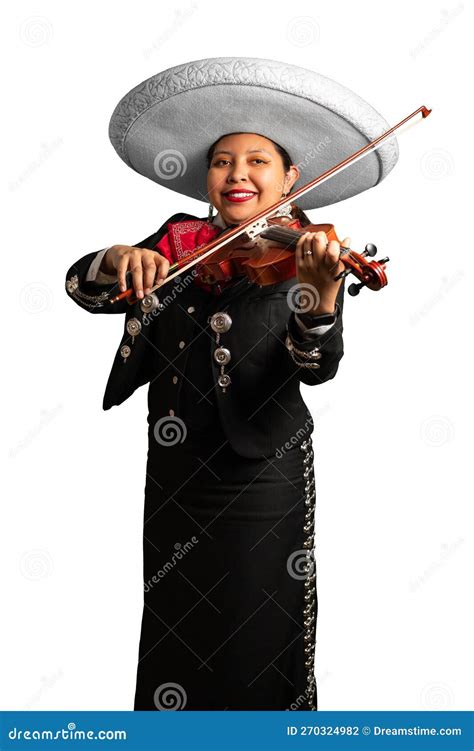 female mexican mariachi woman smiling playing violin mariachi girl suit on a pure white