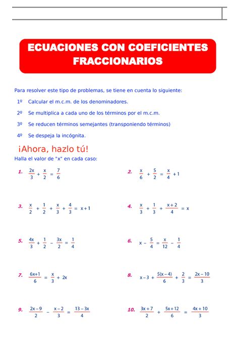 Ecuaciones Con Coeficientes Fraccionarios Para Sexto Grado De Primaria