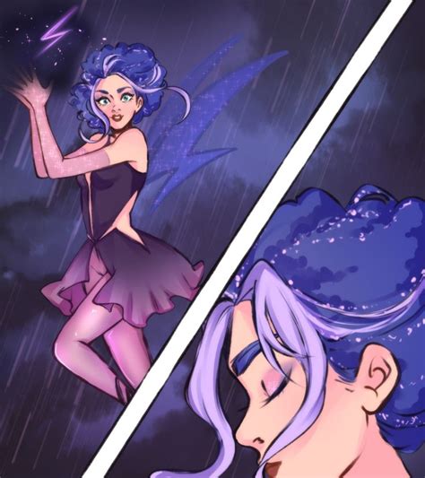 A Woman With Blue Hair Is Standing In The Rain Next To A Man S Face