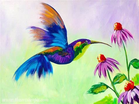 Hummingbird In Flight With Purple Cone Flowers Acrylic On Canvas