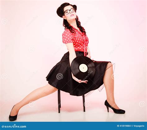 Retro Music Pinup Girl With Vinyl Record Stock Photo Image Of
