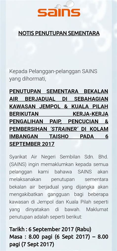 Gangguan bekalan air iti berlaku selepas empat loji rawatan air (lra) sungai selangor fasa 1, fasa 2, fasa 3 dan rantau panjang dihenti bertugas akibat pencemaran itu. NOTIS GANGGUAN AIR /WATER DISRUPTION NOTICE 6 SEPT '17