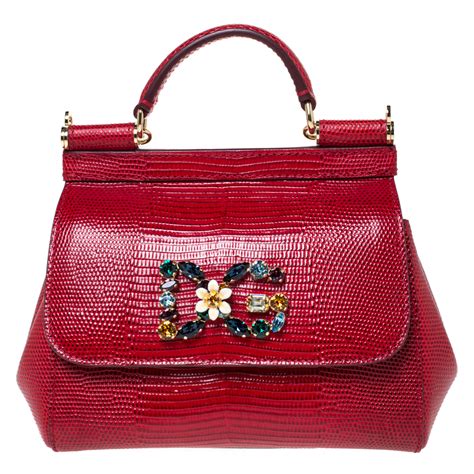 Dolce And Gabbana Red Iguana Embossed Leather Crystal Dg Logo Mini Miss