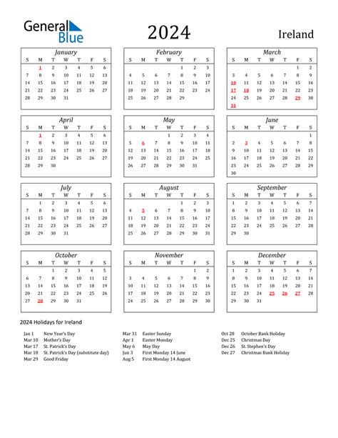 2024 Yearly Calendar 2024 Calendar Printable 2024 Ireland Calendar