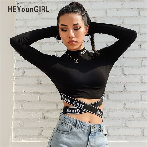 Heyoungirl Patchwork Long Sleeve Crop Top Bandage Black T Shirt Women