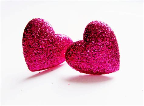 Bright Pink Glitter Heart Earrings Sterling Silver Stud