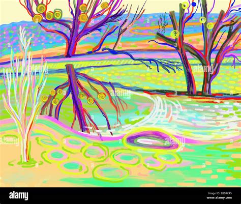 Original Digital Artwork Of Bright Landscape With Trees On A River